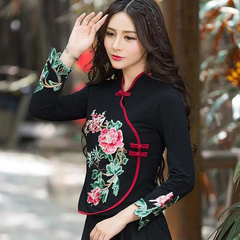 Cheongsam Womens Plus Size Short Tops Autumn Cotton Blend Splicing Embroidery Stand Collar Chinese Style Qipao Shirts Woman