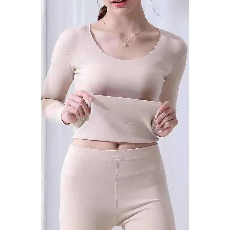 Women Autumn Winter Non-marking Plush Thermal Underwear Cover Decoration Body German Velvet Pants Large Size Crewneck Undershirt