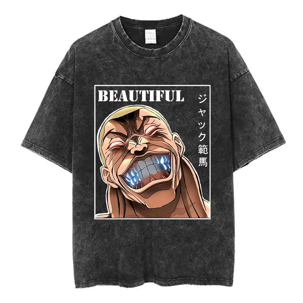 Vintage Washed T Shirt Anime Baki The Grappler T-shirt Hanma Yujiro Gym Short Sleeve T-shirts Oversized Cotton Casual Tee Shirt 6
