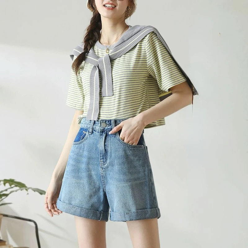 

Summer Thin Sweet Denim Shorts Women's 2023 New Curling Loose Slim A- Line Wide Leg Fashion High Waisted Shorts Femme