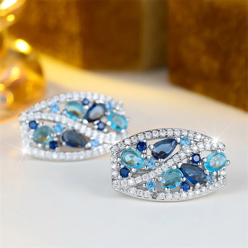 Aqua Blue Crystal Water Drop Stone Hoop Earrings For Women Vintage Silver Color Geometric Ear Buckle Wedding Jewelry Bridal Gift