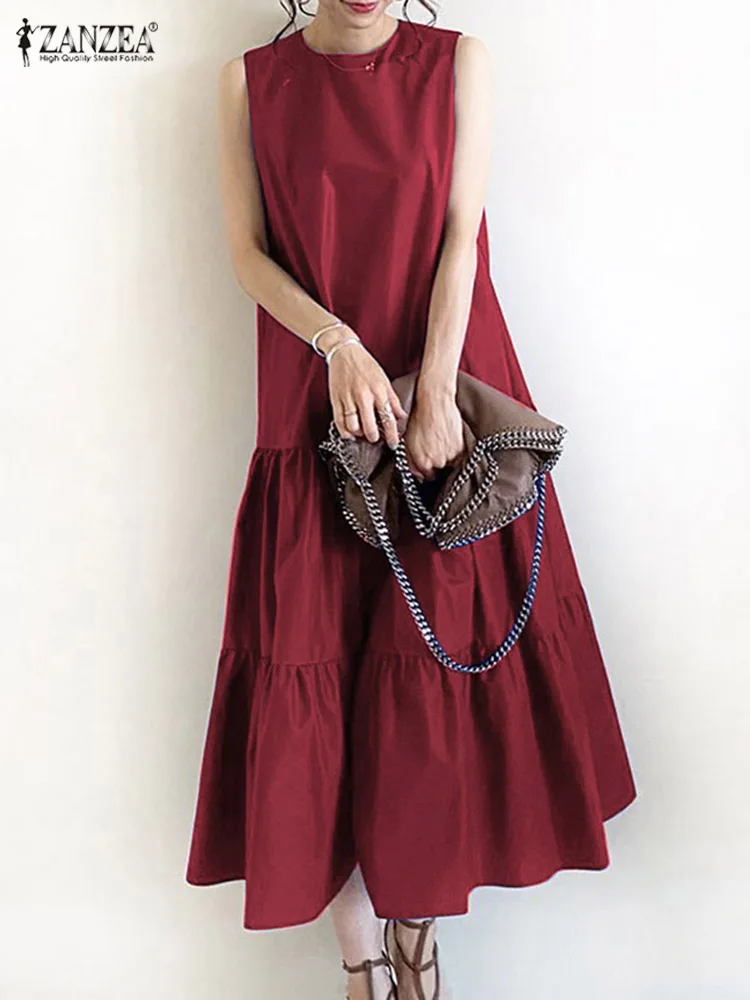 

Платье ZANZEA женское с круглым вырезом, праздничный Повседневный Однотонный сарафан без рукавов, в богемном стиле, с оборками, лето 2023