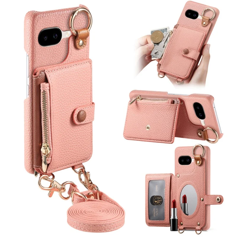 Crossbody Lanyard Leather Wallet Phone Case with Zipper Card Slots Holder