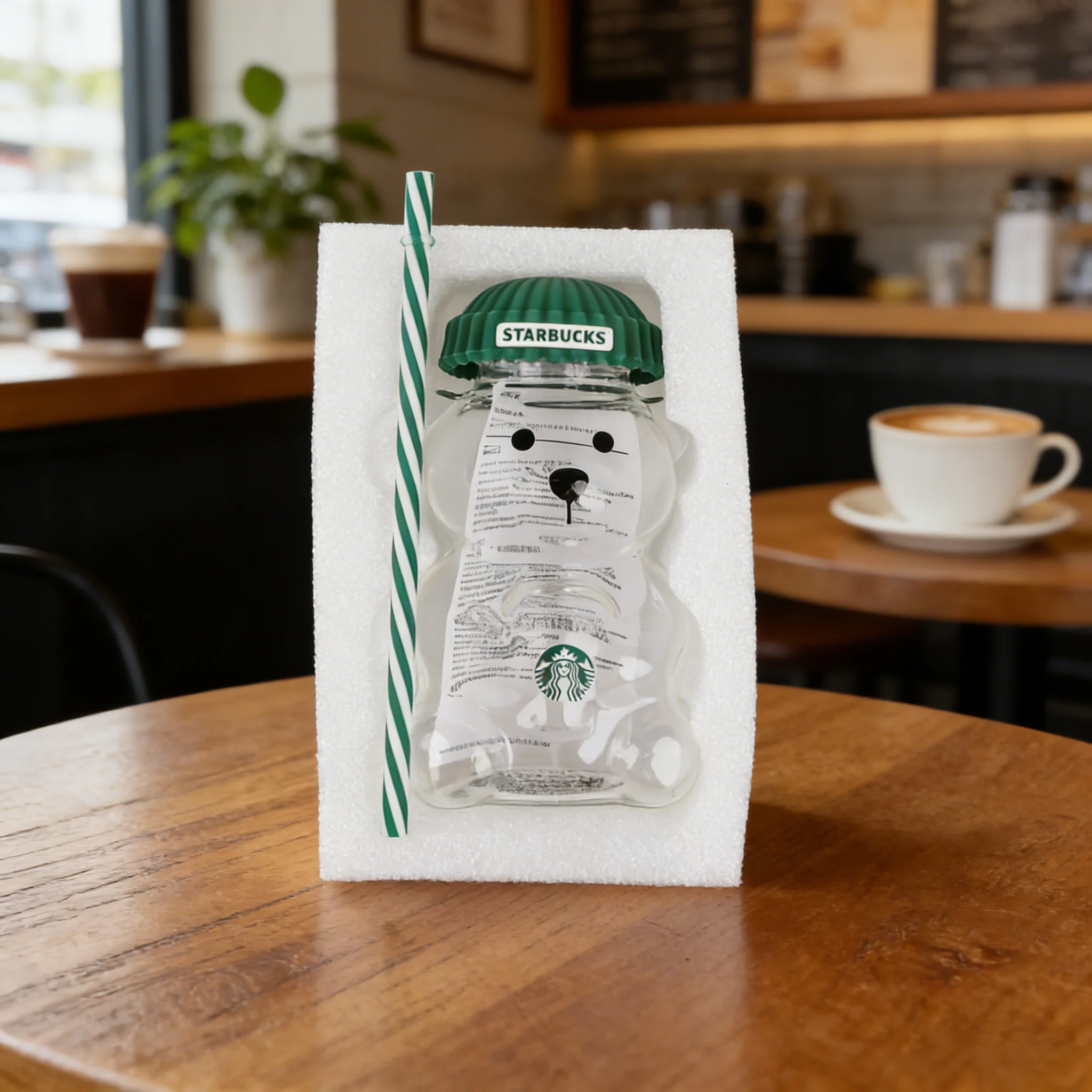 Cozy Home Café Bearista Bear Glass Tumbler with Green Lid & Straw, 591ml