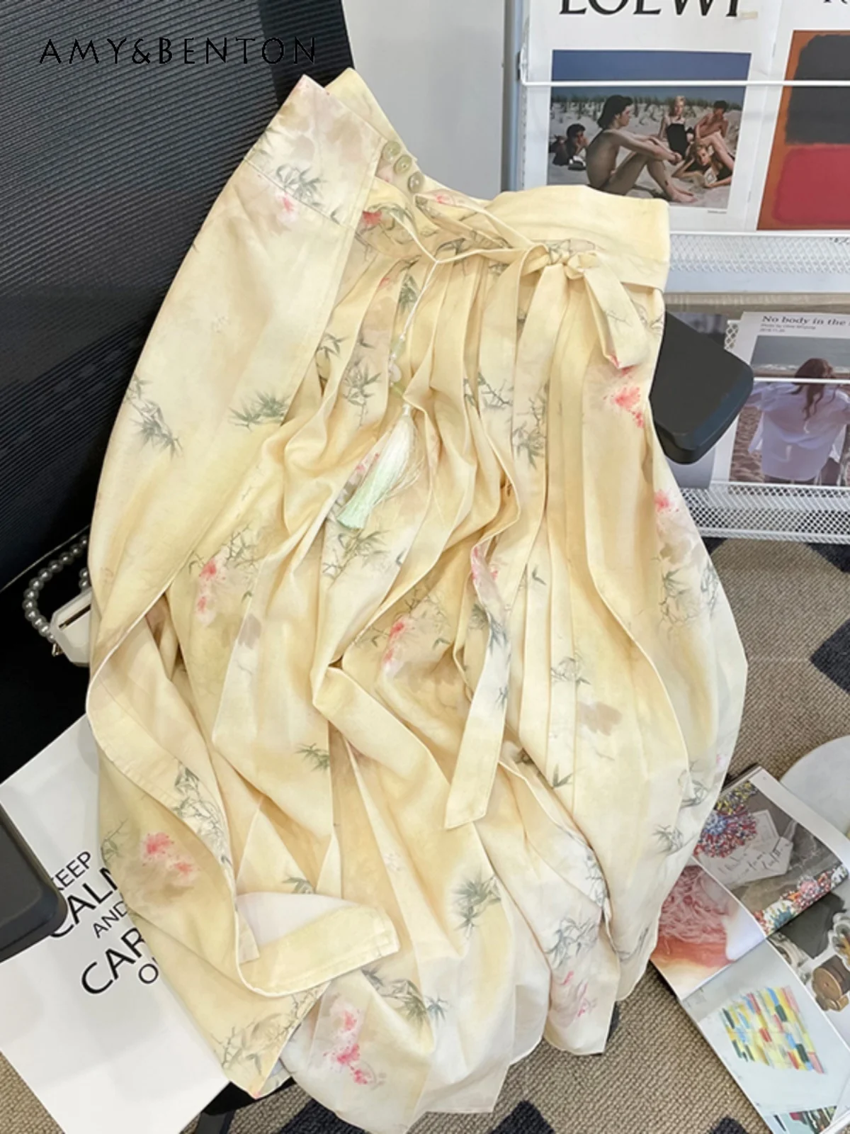 

New Chinese Style Women's Ink Painting Bow Lace-up Large Swing Skirt Heavy-Duty Pleated Skirt Trendy Early Autumn New Skirt