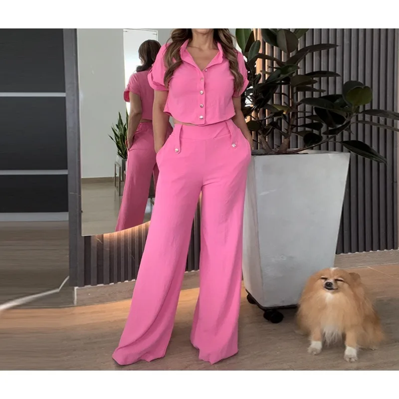 Autumn New Fashion Irregular Short Shirt Wide Leg Long Pants Casual Set