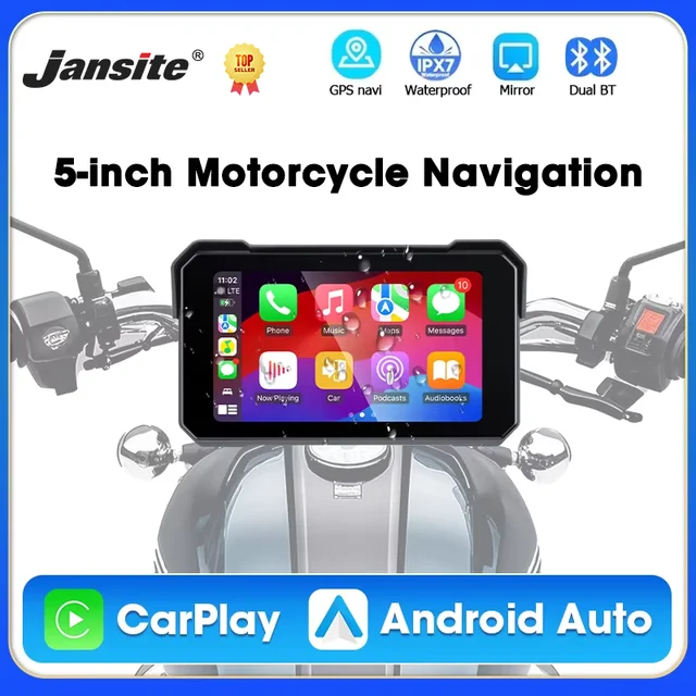 Jansite 5" Portable Motorcycle Navigation GPS Wireless Carplay&Android Auto Moto Monitor IPX7 Waterproof Dual Bluetooth 5.0