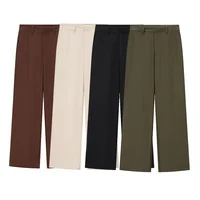 EDSA Women Straight Long Trouers High Waist with Belt Loops Solid Color Wide Leg Long Pants