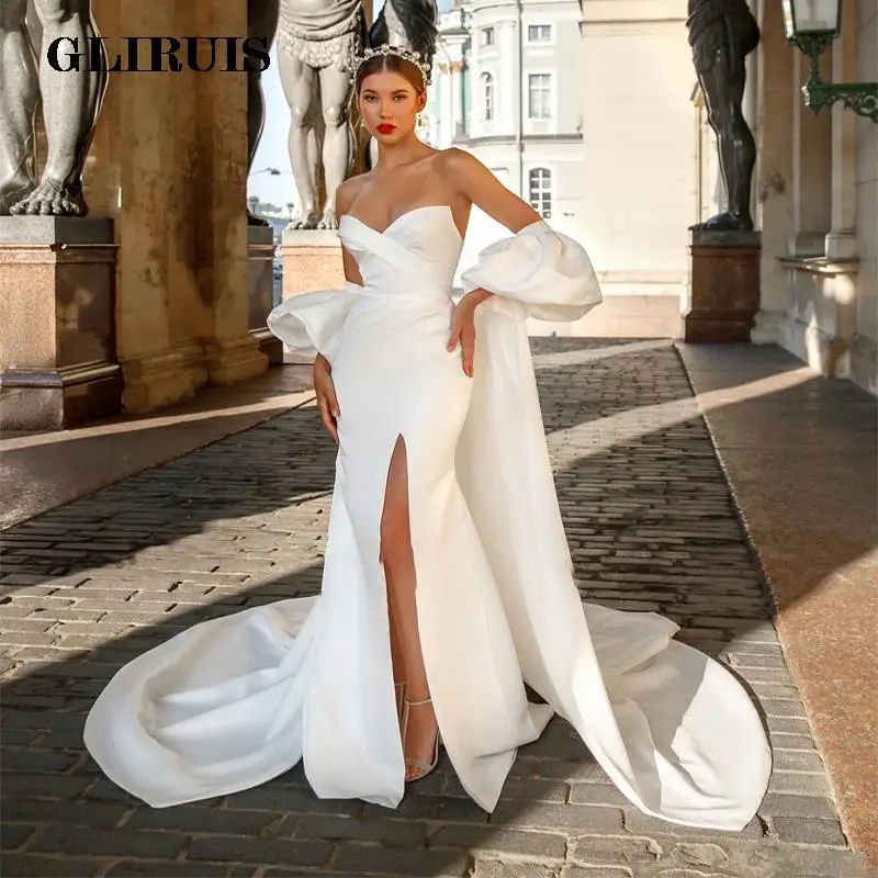 

2022 Simple Sweetheart Sexy Split Puffy Sleeve 2 Pieces Detachable Wrape Wedding Dresses Bridal Gowns Vestido De Noiva