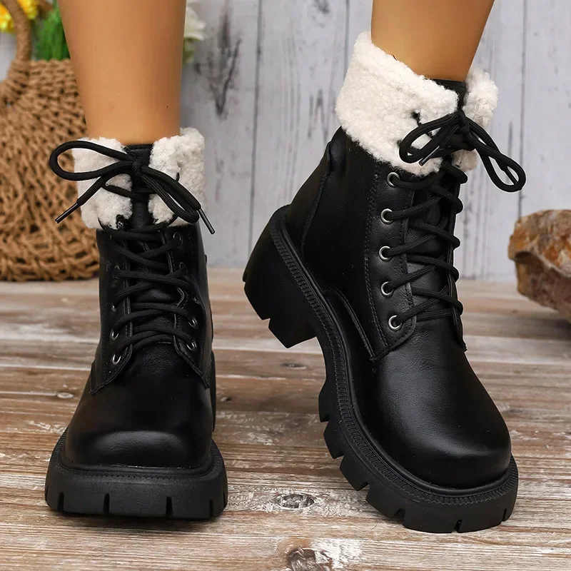 

Thick Plush Snow Boots Women PU Leather Warm Plush Women Shoes Lacing Non-slip Cotton Shoes Platform Ankle Booties 2024