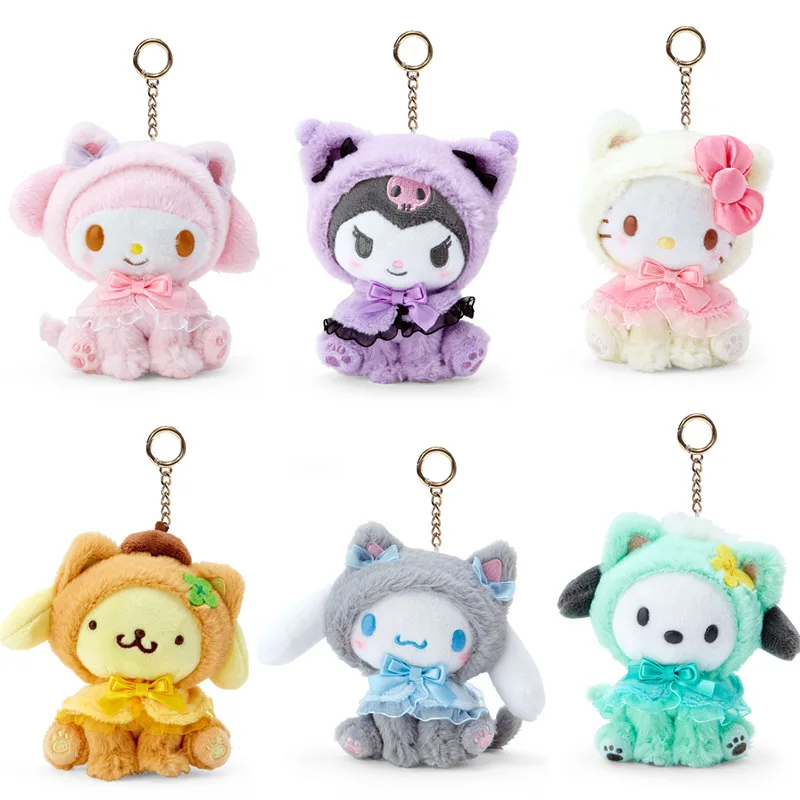 

10cm Anime Sanrio Kuromi My Melody KT Cat PC Dog Hello Kitty Keychain Anime Plush Figure Pendant Accessories Cute Animals Toys