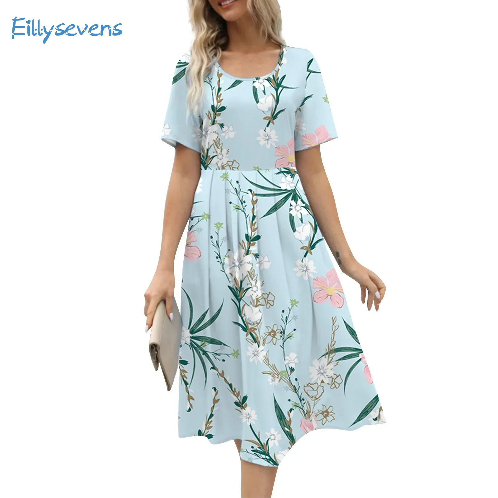 

Women Summer New Dresses Elegant Fashion Flower Printed Round Neck Short Sleeve Dress With Pockets Daily Regular All-Match Dress