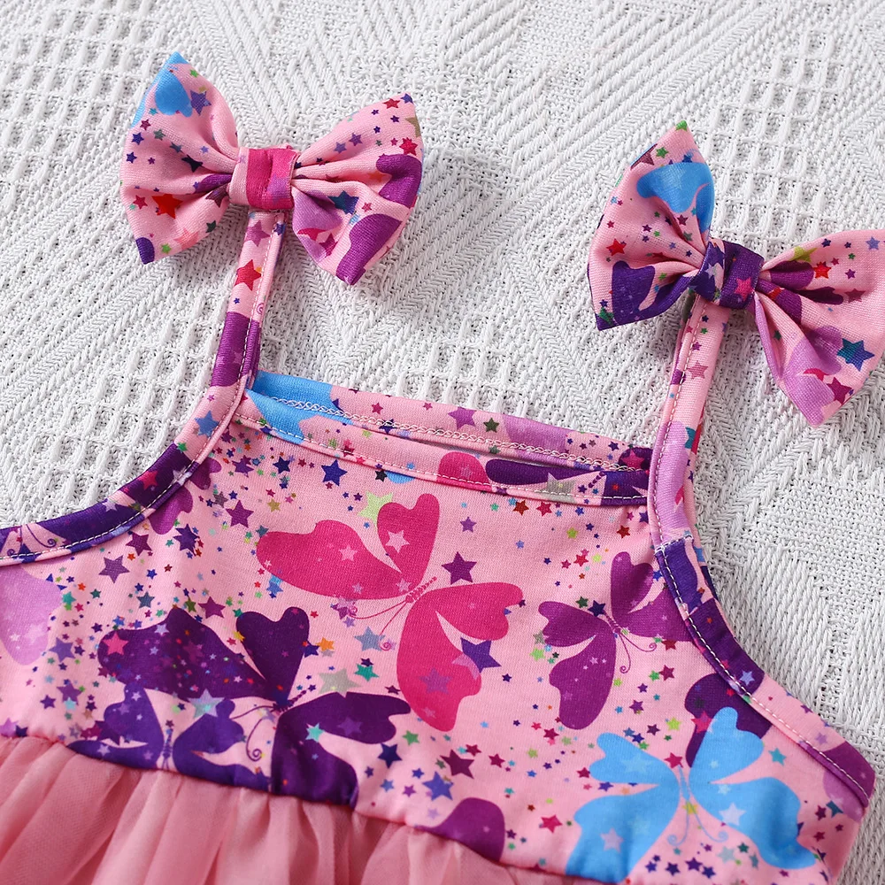 Girls Dress Baby Girl Dress Summer Girl's Bow Suspender Patchwork Mesh Princess Dress Baby Birthday Party Dress
