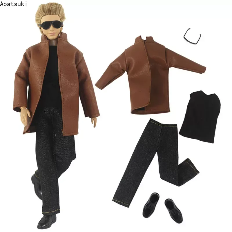 

Кожаная куртка коричневого цвета, черный жилет, штаны, обувь, комплект одежды для куклы Кена, модные крутые аксессуары для мальчиков и кукол 1:6