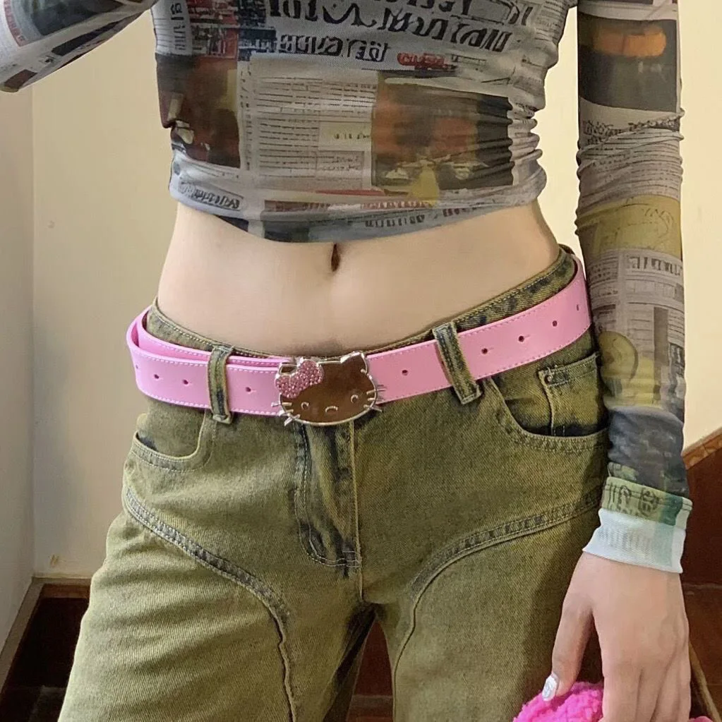 

Cute Sanrioed Hello Kitty Belt Pink Kt Cat Headband Diamond Belt Spice Girls Belt Denim Accessories PU Belt Girl Gift Y2K