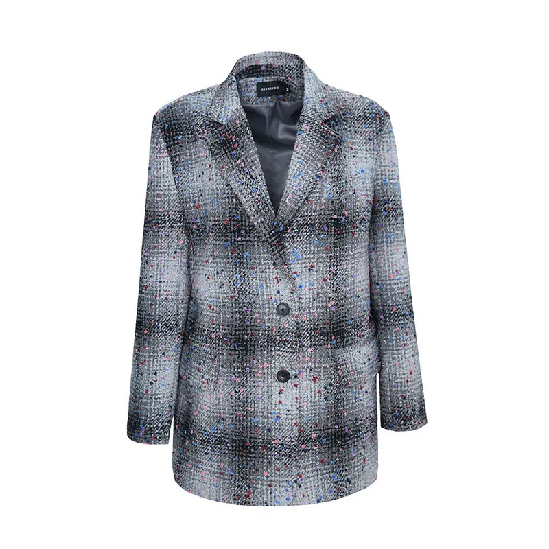 

Vintage Grey Woman Woolen Suit Jacket Frayed Color Hair Granules Decorate Autumn Winter Casual Notched Collar Female Woolen Coat