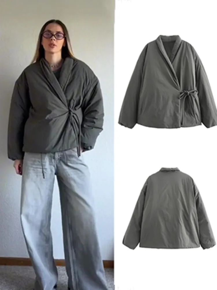 Manteau en coton à lacets pour femmes, vestes de style kimono pour femmes, manches longues, gris, automne, hiver, nouvelle optique, trajet domicile-travail, Chester, 2024