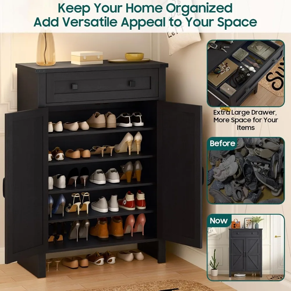 5-Tier Wooden Shoe Cabinet with Adjustable Shelves & Drawer, Farmhouse Style Storage Organizer for Entryway, Hallway