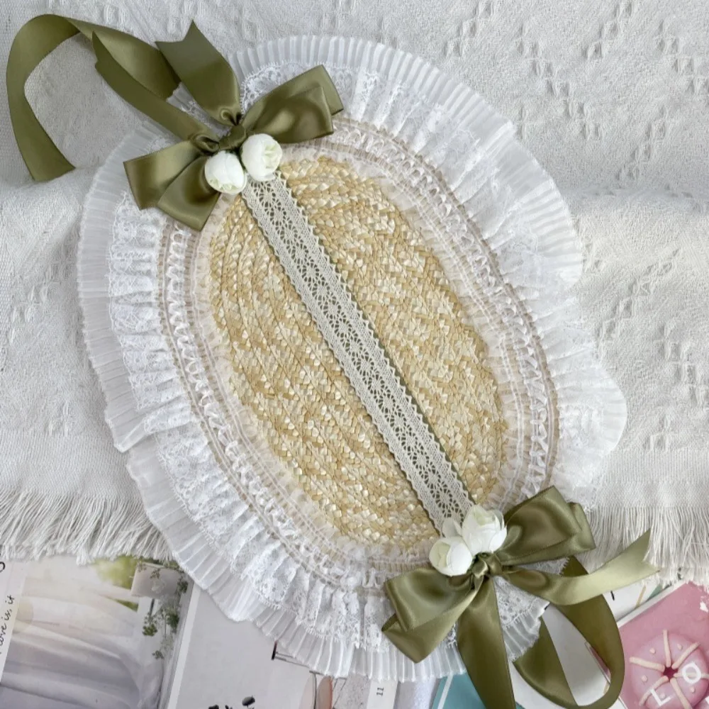 Neuer französischer ländlicher Stil, Lolita-Strohhut, Band, Schleife mit Riemen, Band, Blume, Strandhut, Haarschmuck, Rüschen, Spitze, flacher Hut – Detail 10