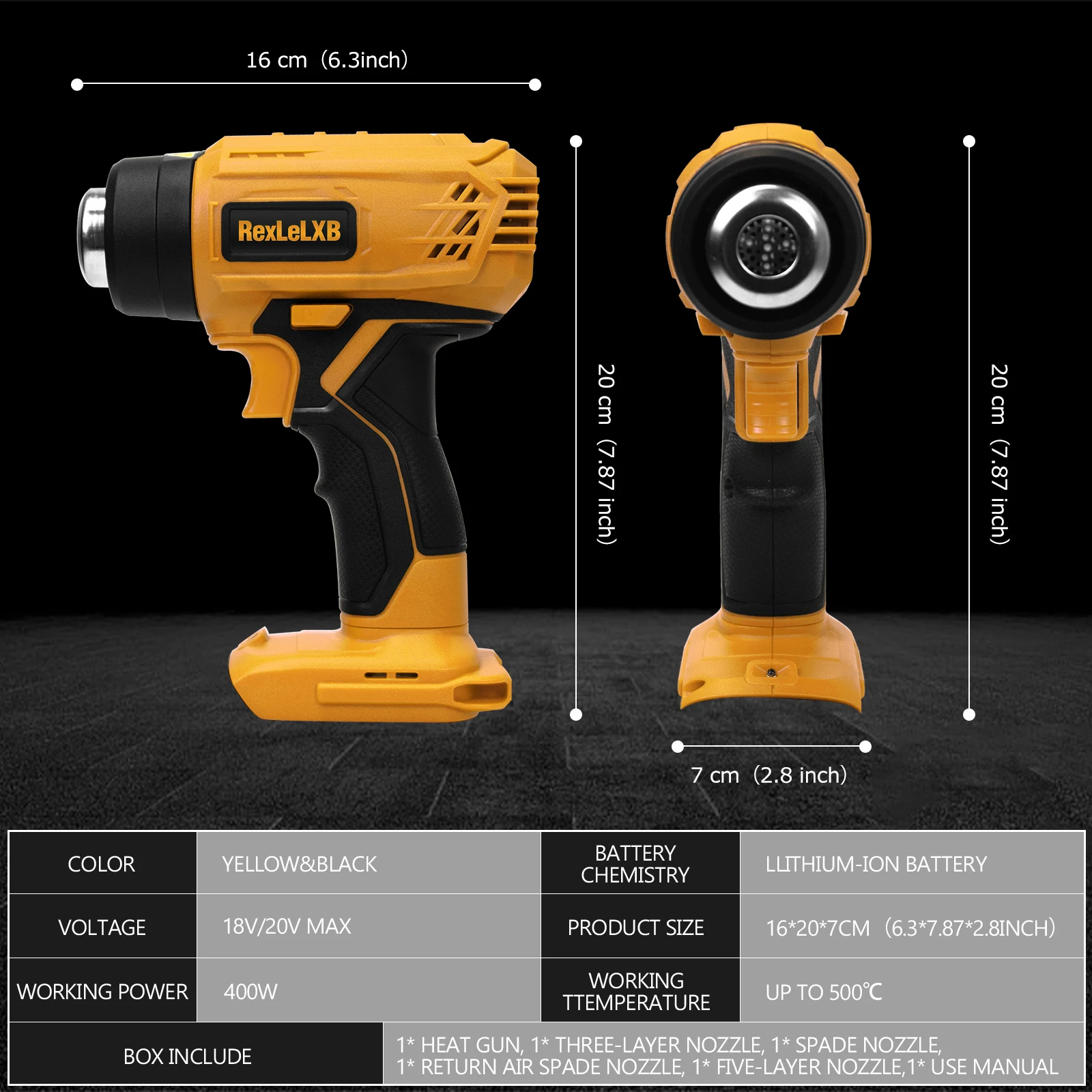 400W Cordless Heat Gun Handheld Electric Hot Air Gun Heat Shrink Wrapping Overload Protection for Dewalt 20V Battery(No Battery) 6