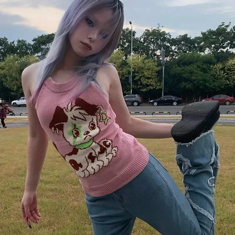 E-Girl Y2K Cucciolo Ricamo Canotta Harajuku Kawaii Lavorato A Maglia Halter Top Giapponese Dolce Rosa Canotta Cane Carino Cami Top Senza Schienale