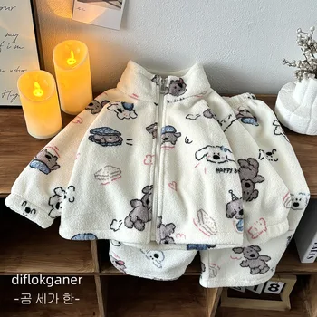 0-8Y Boys Girls Winter Warm Soft 2Pcs Outfit Sets Kids Double-sided Fleece Cartoon Printed Tracksuit Casual Homewear Outerwear 1