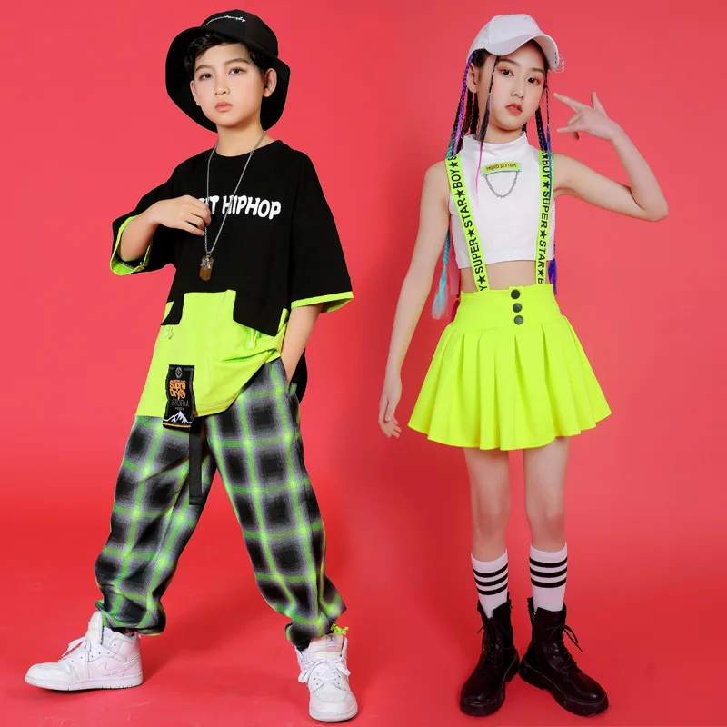 

2023 Jazz Dance Costumes Fluorescent Green Skirt Summer Tops Girls Cheerlead Hip Hop Clothes Kids Stage Wear Rave Clothes