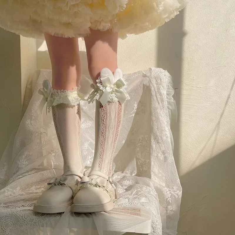 Summer Kids Girls Calf Socks Korean Fashion Lace Lolita Bow Rabbit Knee High Long Stockings for Baby Mesh Thin Decorative Sock