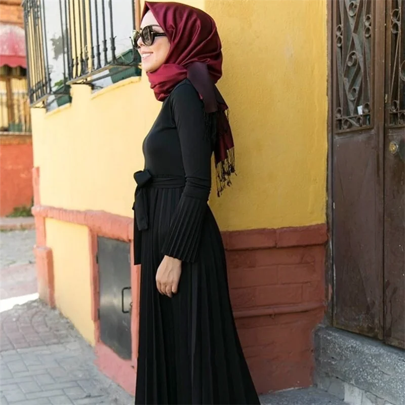 Women Abaya Dubai Turkey Femme New European and American Female Long Skirt Pleated Bell Sleeve Dress Muslim Fashion Long Dresses