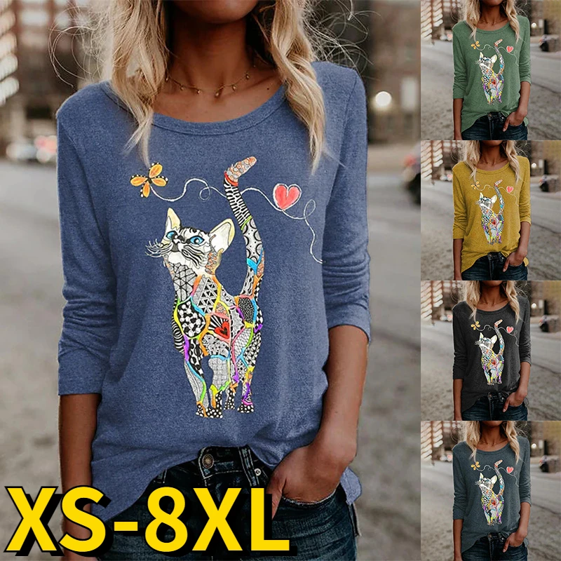 

2022 Autumn Retro Tee Shirt Winter Everyday Street Cute Animal Prints Elegant Long Sleeve Round Collar Slim Pullover Women Tops