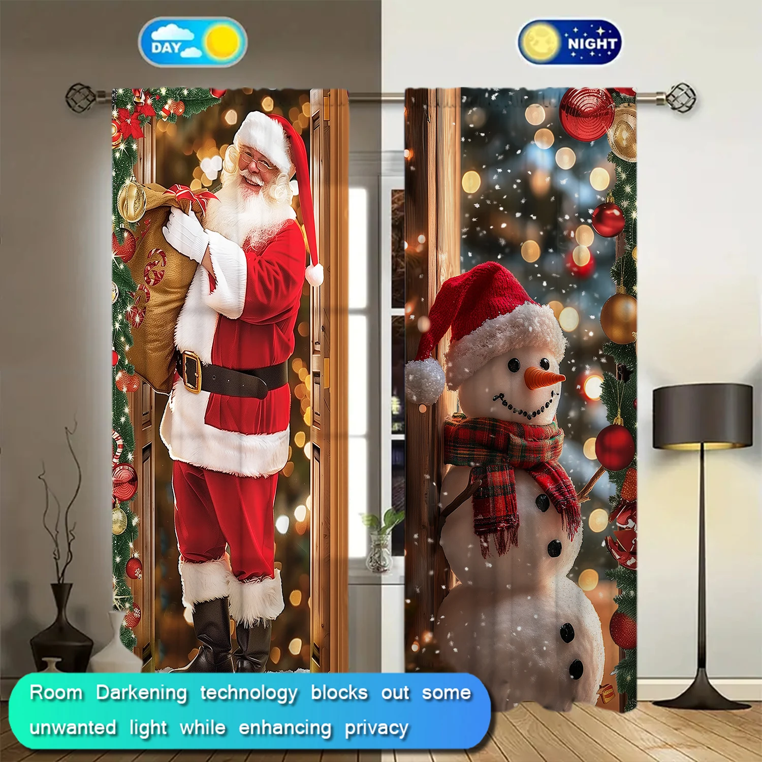 2pcs Santa Claus and Snowman Printed Curtain for Christmas Home Decor - Rod Pocket Window Treatment for Bedroom, Office, Kitchen 4