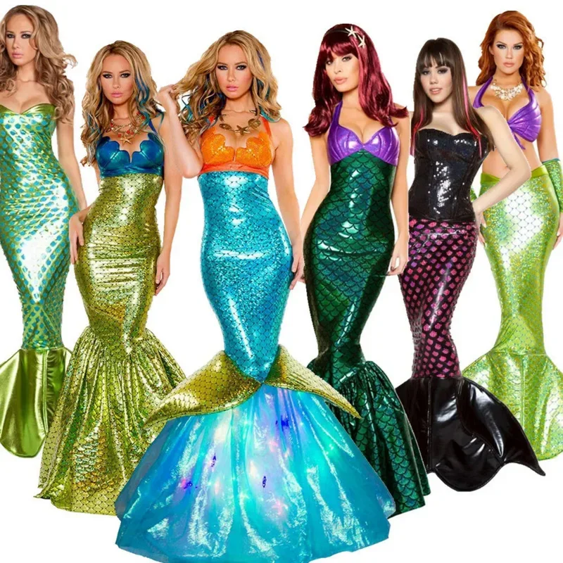 

Anime mermaid women sexy mermaid tail costume Ariel sequined maxi skirt princess dress bra swimwear Halloween cosplay set
