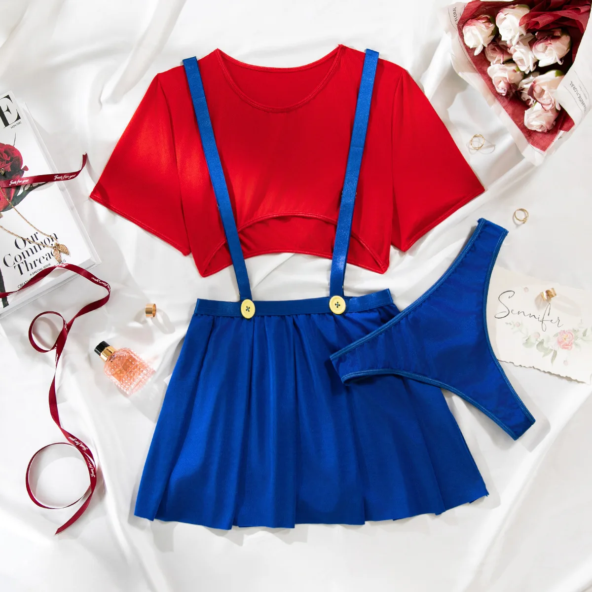 Maid RolePlay Set Babydoll Dress Crop Top 3Piece Costume with Pleated Skirt Sexy Underwear for Women