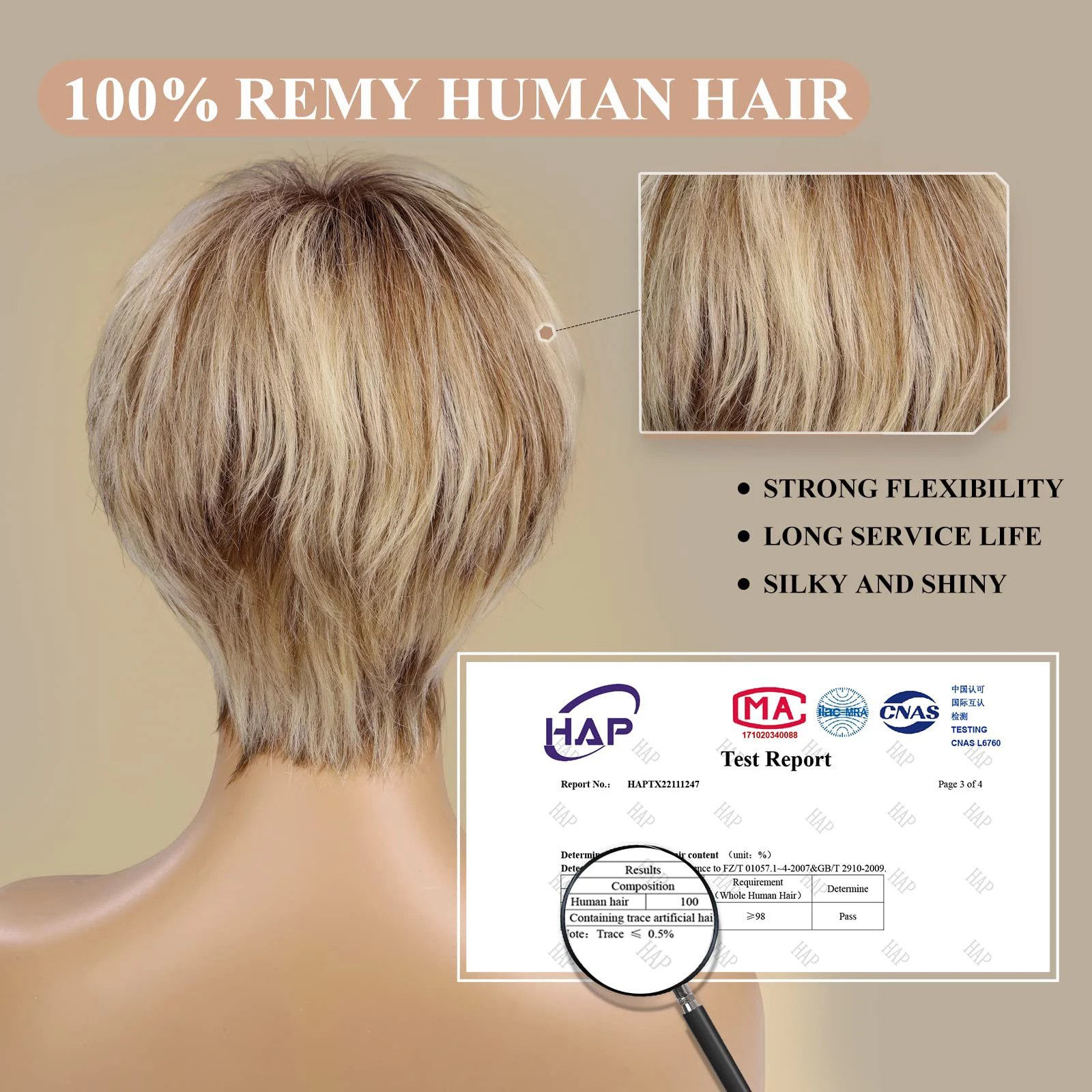 100% Remy Human Hair Mixed Blonde Ash Brown Lace Front Wigs Pixie Cut Hairs with Bang Short Straight Wig for Women Bob Human Wig