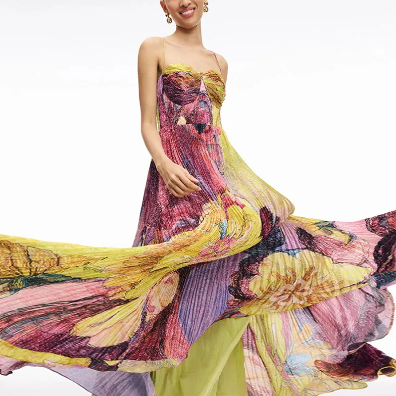 Robe de soirée sexy 2025 pour femme, à bretelles, taille haute, élégante, plissée avec imprimé
