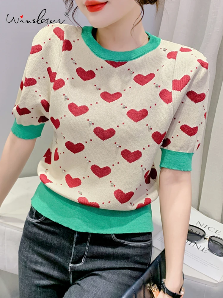 

Spring Summer Knitwear T-shirt Women Loving Heart Patchwork Bordered Diamonds Short Sleeve Tops Tees New 2022 T23703X