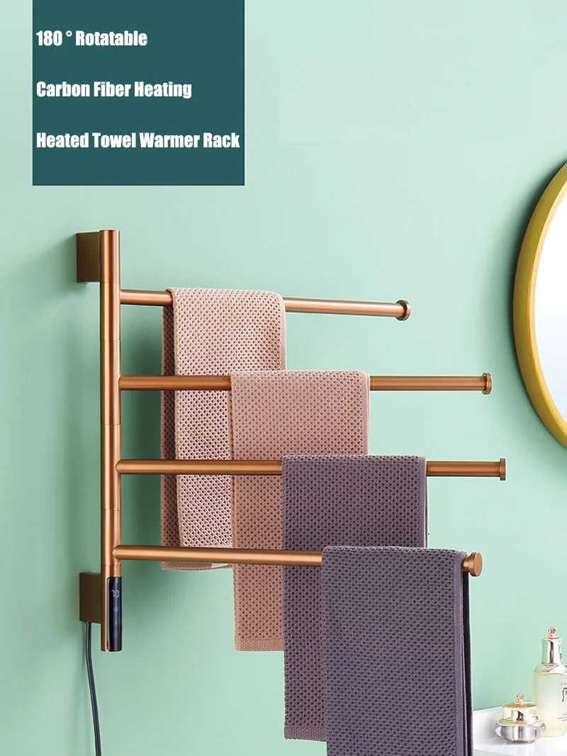 รัสเซีย/สเปน Rose Gold 180 °   ราวตากผ้าอุ่นไฟฟ้าแบบหมุนได้สําหรับห้องน้ําแบบมีสายแข็ง/เสียบในสแตนเลส 304 1