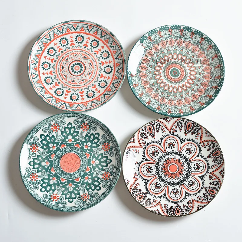 1PC 절묘한 세라믹 접시 라운드 플랫 플레이트 홈 Underglaze 색상 야채 샐러드 접시 과일 요리 주방 저녁 식사 접시