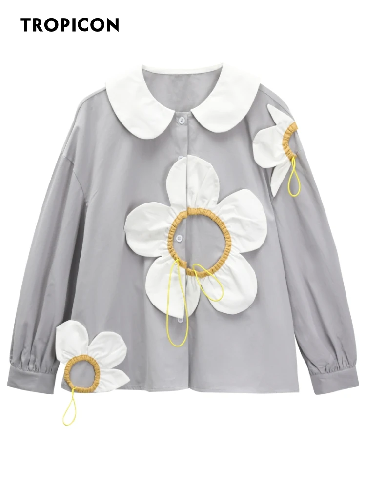 

TROPICON Peter Pan Collar Purple Puff Sleeve Blouse Women Long Sleeve Cute Kawaii Top Floral Patch Korean Fashion Designer Top