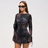 Women's Fashion Leopard Print Slim Flared Long-Sleeved Package Hip Short Skirt Dresses 1