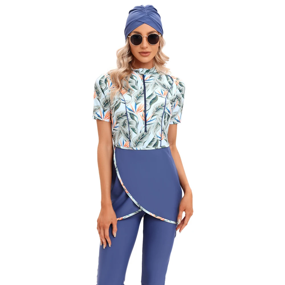 Women Modest Hijab Muslim Swimsuit Islamic swim wear Burkini With Swim Hat Sport Swimwear Ladies Short Sleeve Print Mode