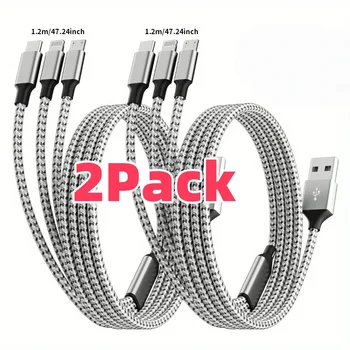 2pcs 3 in 1 USB Charge Cable 3 Type-C 3 Micro USB Spliter Cord Fast Charging 5A For Mobile Phone Power Bank Charging Together 1