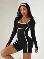Sexy Leopard Print Sports Fitness Overalls Women Long Sleeve One Piece Bodysuit Female Yoga GYM Short Jumpsuit Black Streetwear - Image 2