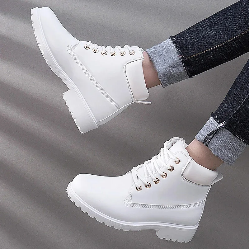 Rimocy White Lace Up Platform Ankle Boots for Women Winter Thick Heel Motorcycle Boots Woman Plus Size Combat Booties Mujer 43