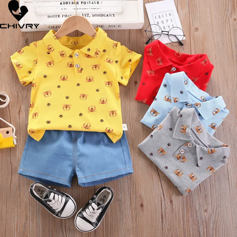 

Boys Summer Clothing New 2023 Baby Boy Short Sleeve Lapel Cartoon Tiger Polo Shirt Tops with Denim Shorts Kids Clothes Sets