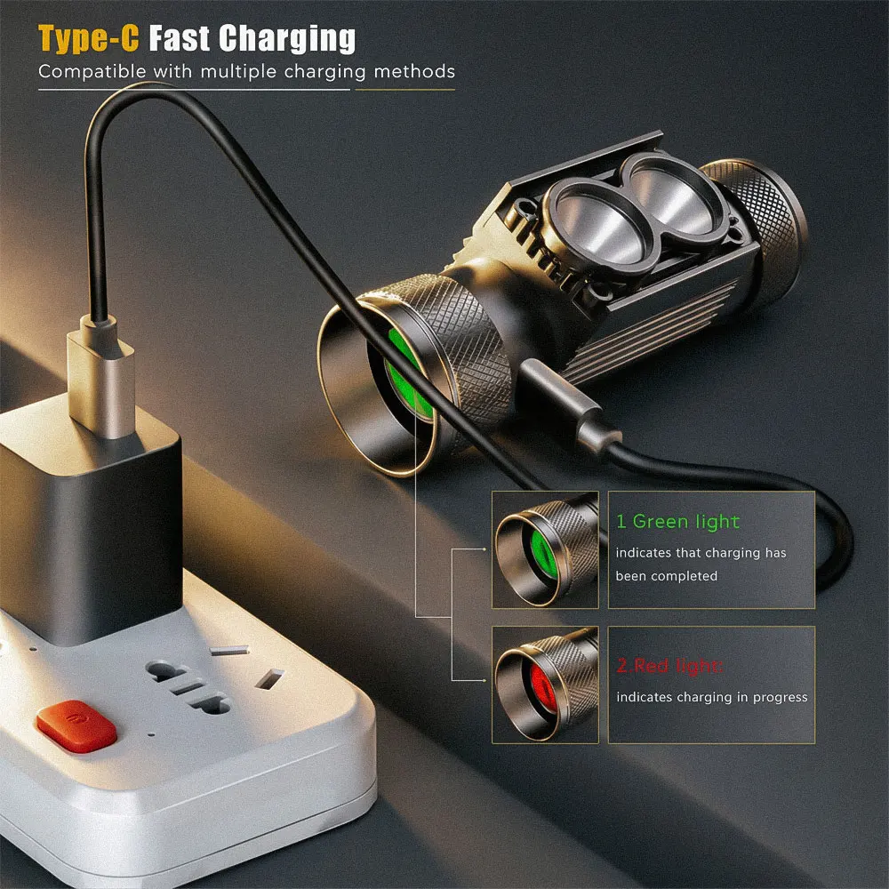 배터리 포함 USB Type-C LED 헤드램프 낚시 18650 헤드라이트 토치 사냥 헤드 램프 캠핑 헤드램프 손전등 헤드 라이트