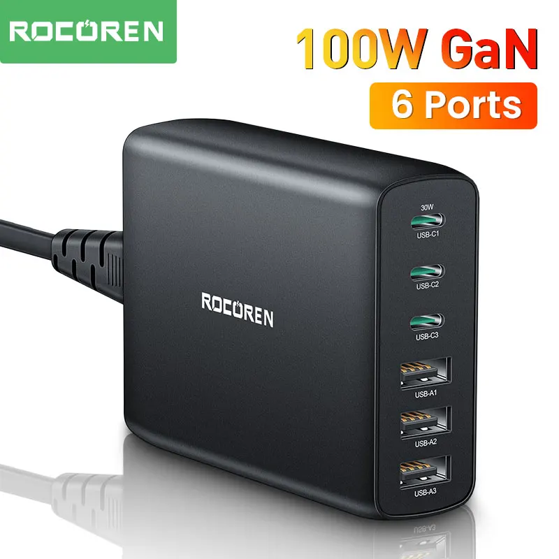 

Rocoren 100W Charger Desktop 6 Ports USB Type C Fast Charging PD QC 4.0 3.0 Phone Charger Station For iPhone Xiaomi Samsung POCO