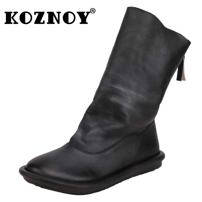

Koznoy 3cm British Natural Genuine Leather Zip Spring Flats Boots Autumn Ladies Fashion Knee High Booties Women Chimney Shoes