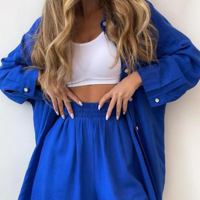 Monochrome Long Sleeve Shirt Set, Single Breasted, Loose Fashion, Casual Shorts, Europe and America, Spring, New, 2024