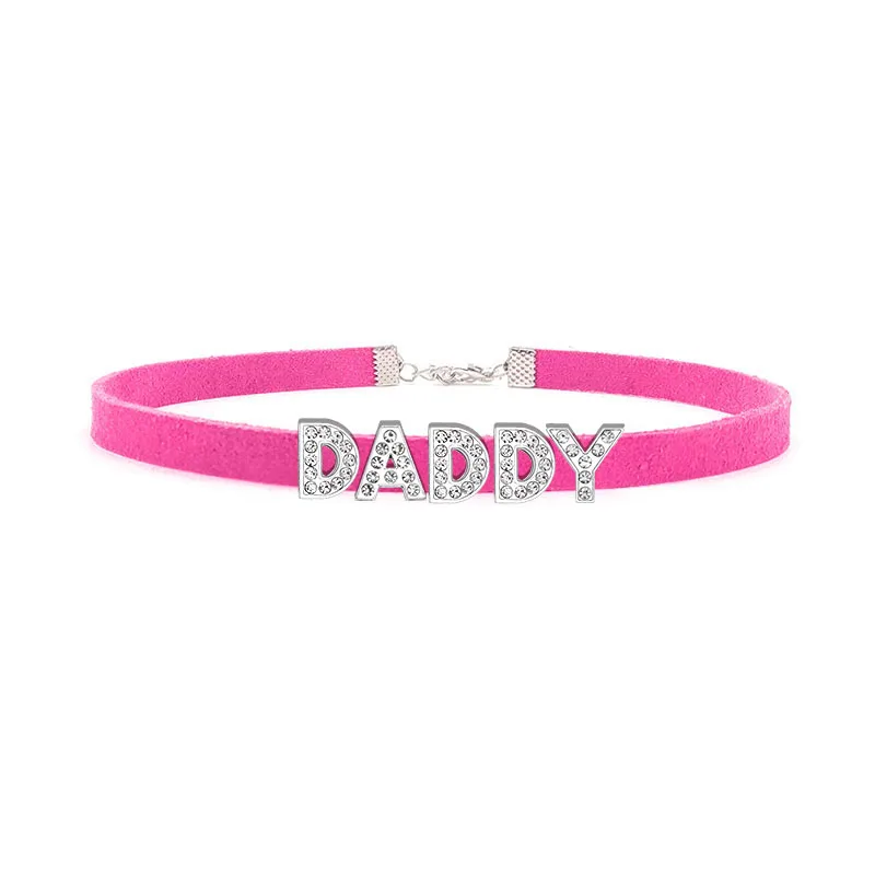Hot Sexy Rose Red Suede Leather Collar Rhinestone Letters Choker Harajuku DIY Customized Necklaces Lovers BDSM Cosplay Jewelry